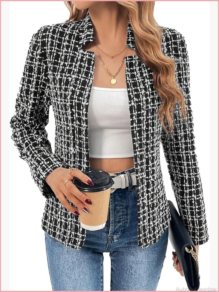 Lightweight Plaid Stand Collar Blazer - Open Front Casual Work Office